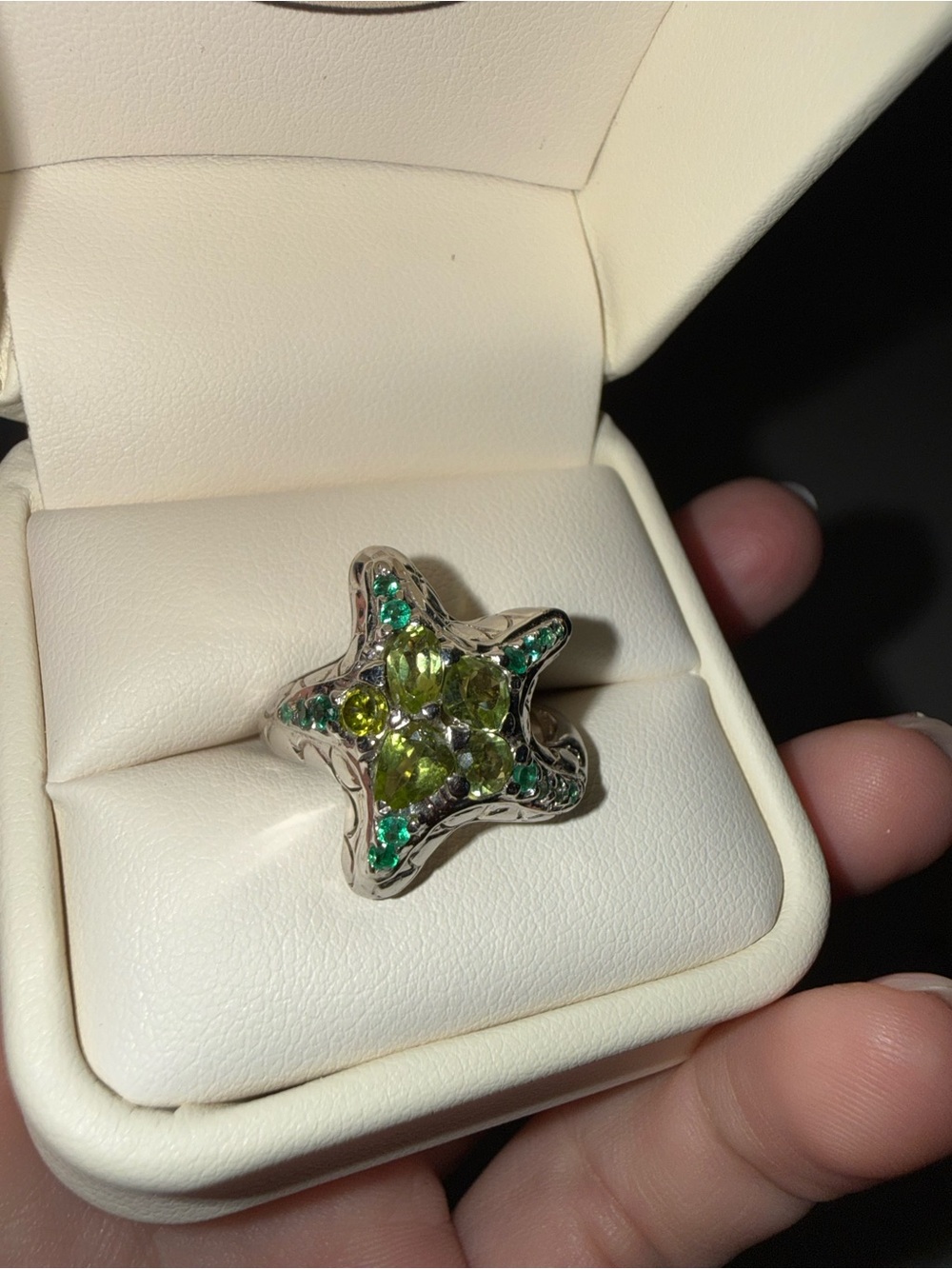 White gold Starfish Ring with emeralds and peridots